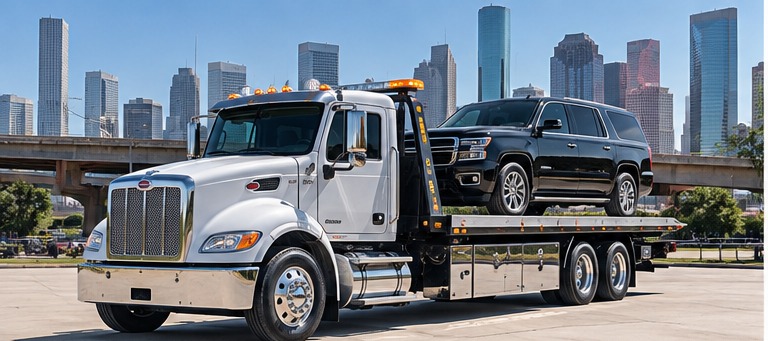 Professional tow truck on a flatbed at night